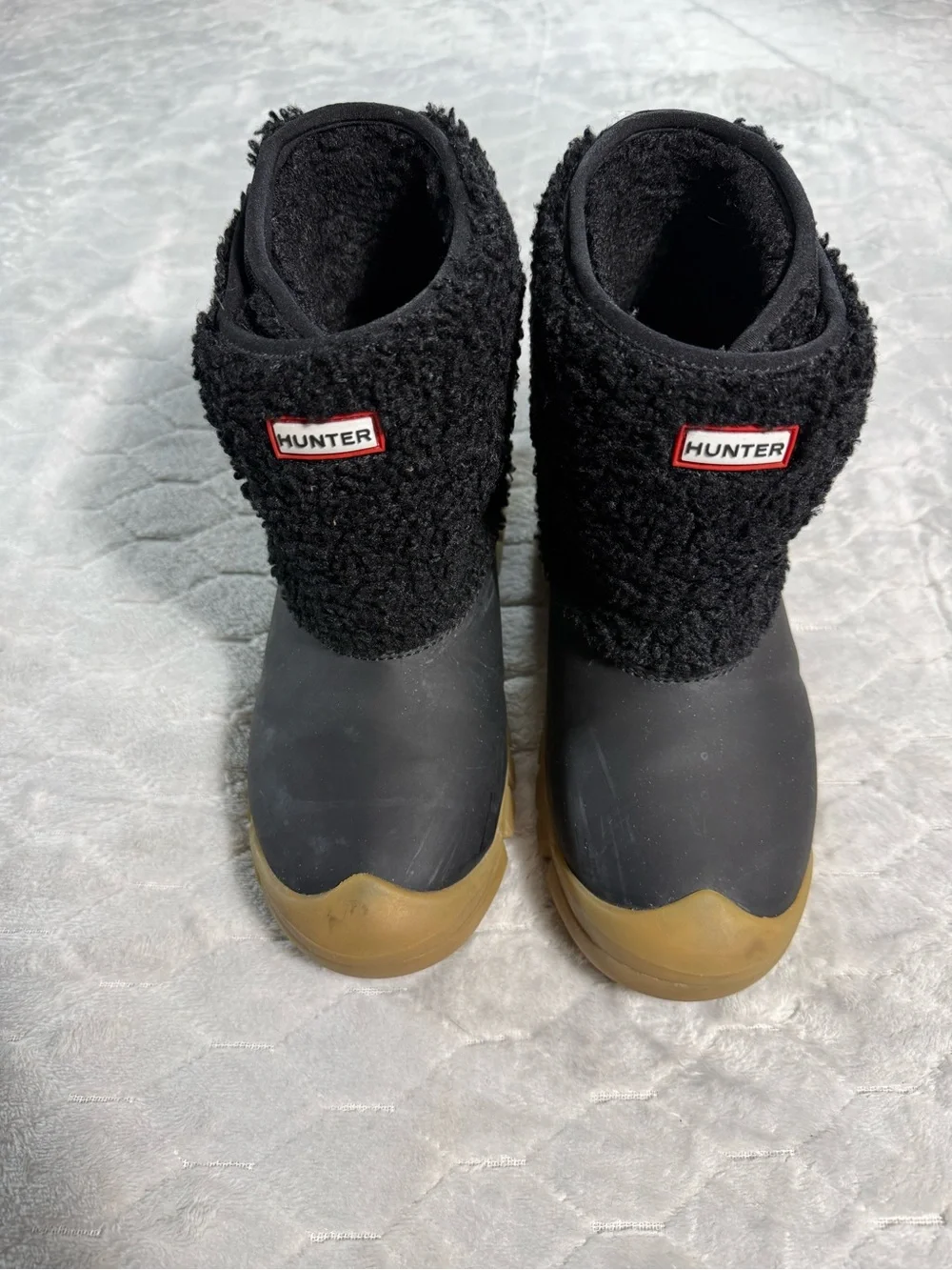 Hunter Roll Top Rain Boots Youth Size 3 Black Fleece Lined Gum Sole